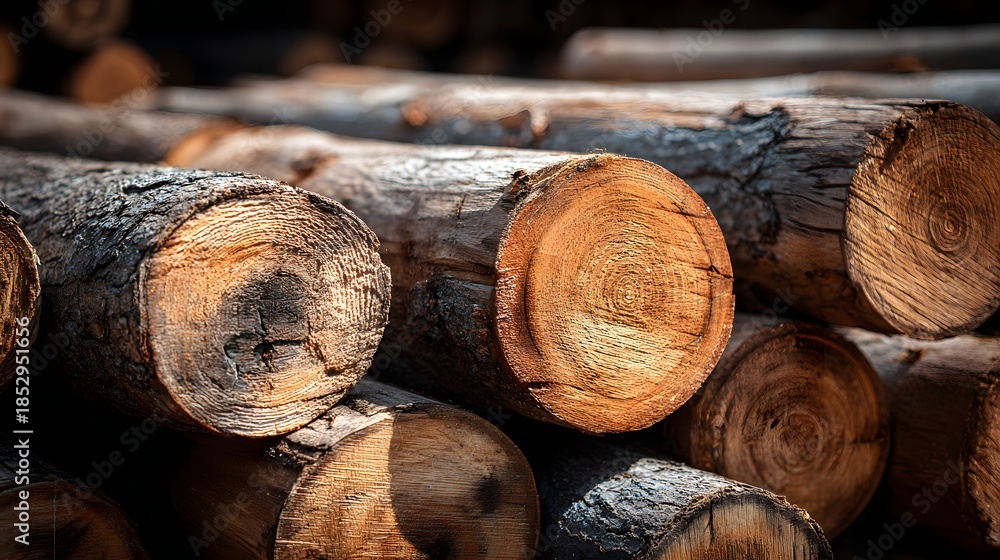 Obraz premium Close-up view of a pile of freshly cut tree logs ready for processing.