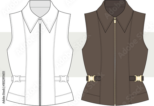 Women's zipper side buckle vest drawing, illustration. Vest fashion design, vector. CAD, Mockup.