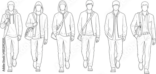 Walking character vector, casual fashion, CAD drawing, flat illustration, monochrome style, outfit design, bag accessories, streetwear pose, faceless figure, urban look