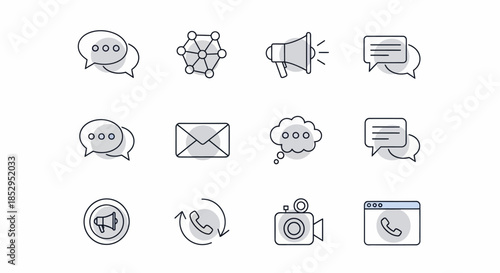 Doodle Style Communication Icons Set for Social Media and Marketing.