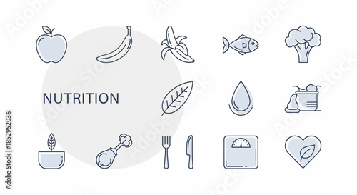Nutrition Icons Set - Apple, Banana, Fish, Broccoli, and More.