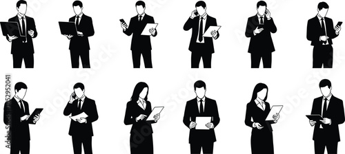 Business people silhouettes using mobile phone tablet laptop, professional office workers communication, corporate technology concept vector illustration