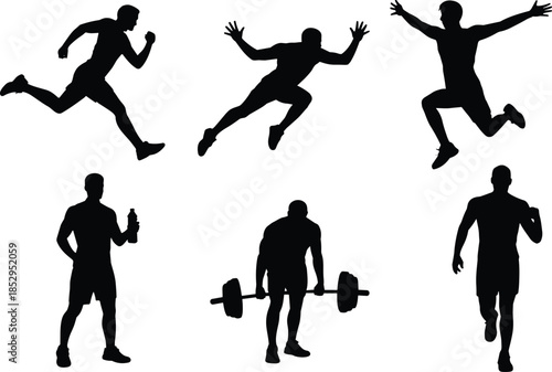 Athletic fitness silhouettes set, running jumping training exercises, muscular male workout poses isolated on white background vector illustration design collection