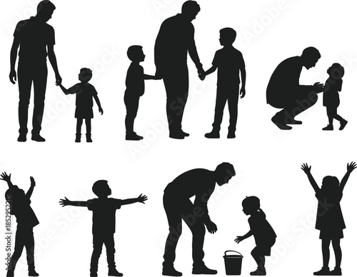 Father and children silhouettes set, parenting family moments, dad playing caring teaching kids isolated on white background vector illustration