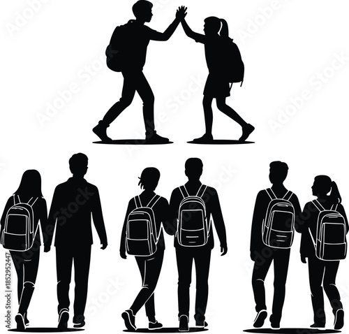 Students silhouettes walking and high five, school friends with backpacks, teamwork education concept, black vector illustration isolated white background
