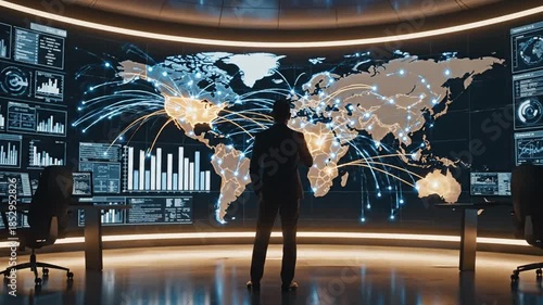Futuristic Global Network Control Center with Digital Maps and Data Analytics