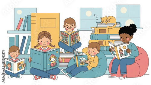 Diverse children reading books in a cozy library illustration of childhood learning and imagination perfect for educational materials and storytelling