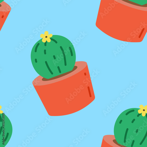 Seamless Pattern Cute Cactus in Pots Flat Design on Blue Background 