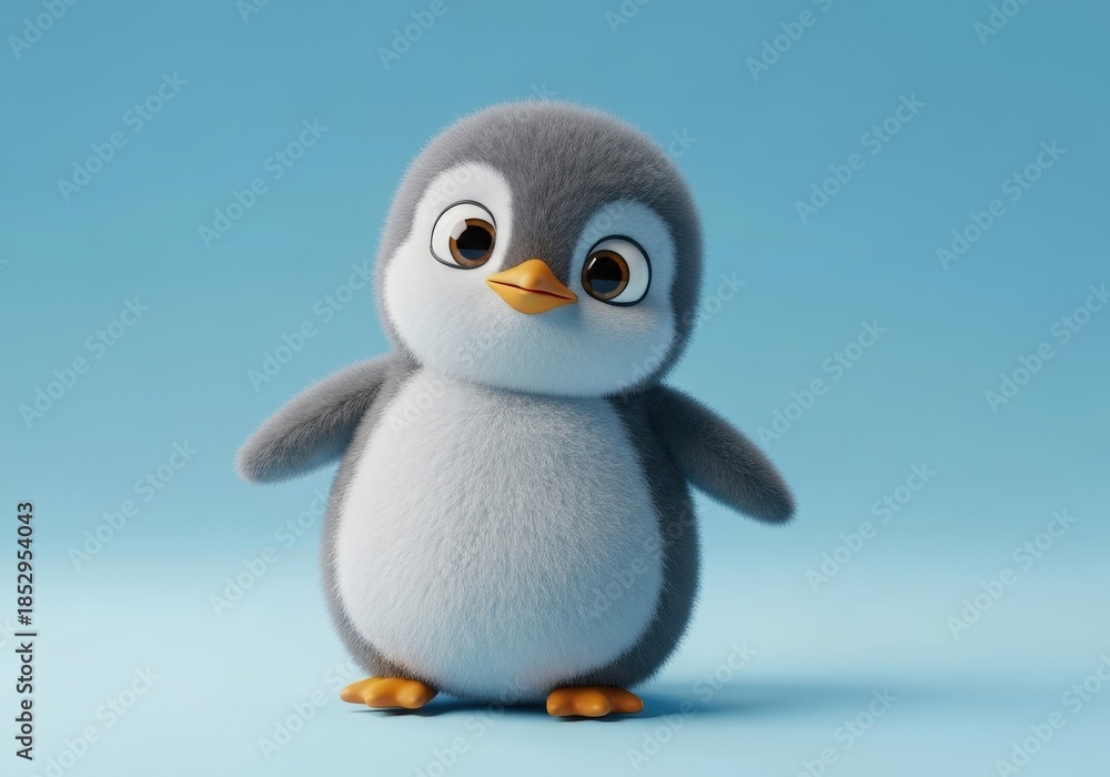 Fototapeta premium Adorable Cute Penguin Character with Soft Fur and Big Eyes on Light Blue Background