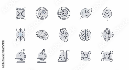 Collection of science and biology icons featuring DNA, cells, leaves, brain, heart, microscope, and flasks.