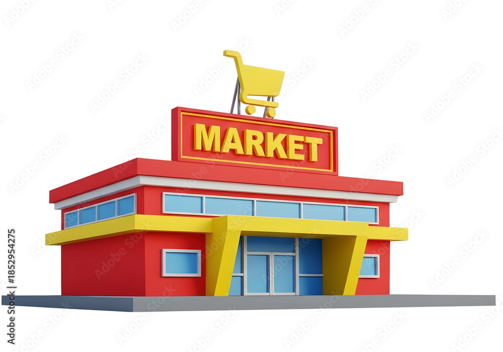 Fototapeta premium Stylized market building with shopping cart sign isolated on transparent background