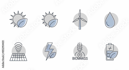Renewable Energy Icon Set - Solar, Wind, Hydro, Biomass, and Battery.