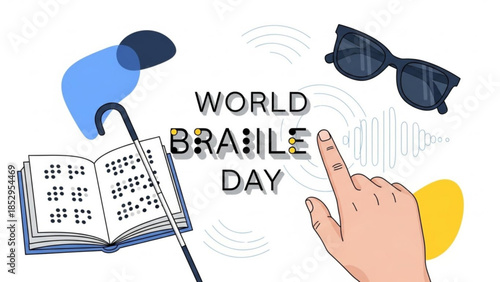 World Braille Day illustration with open book cane and hand touching text symbolizing accessibility and education for the visually impaired
