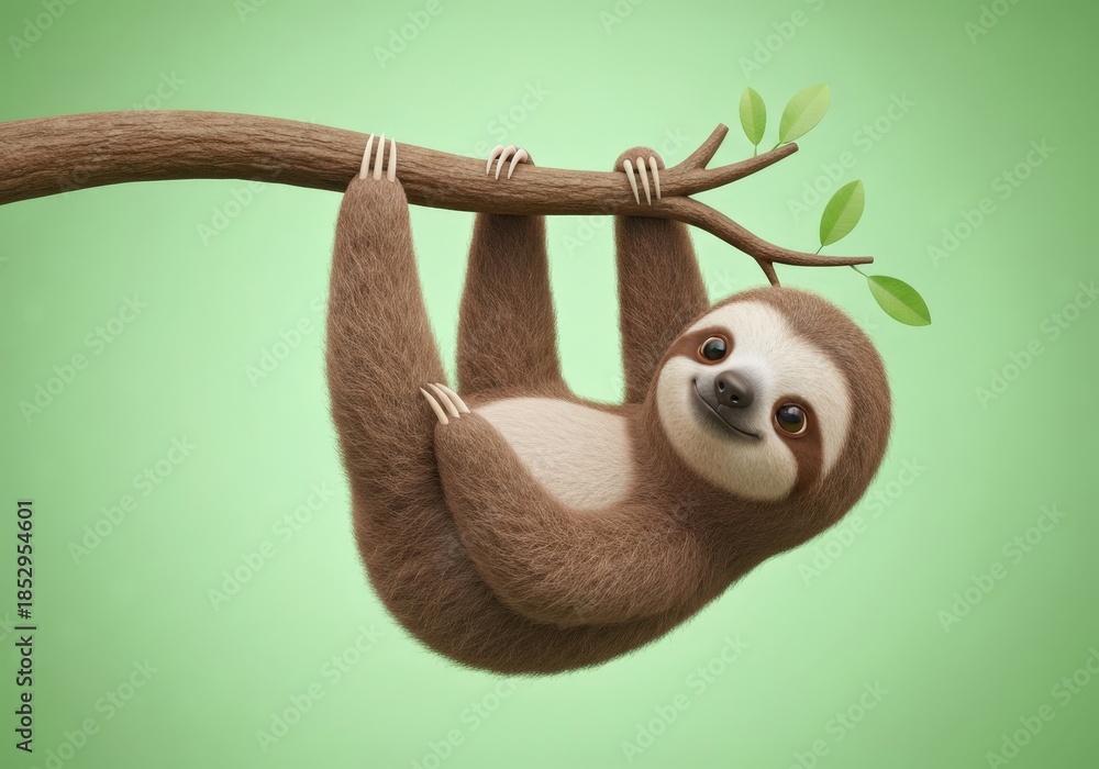 Naklejka premium Cute cartoon sloth hanging from branch with green background in playful and cheerful style