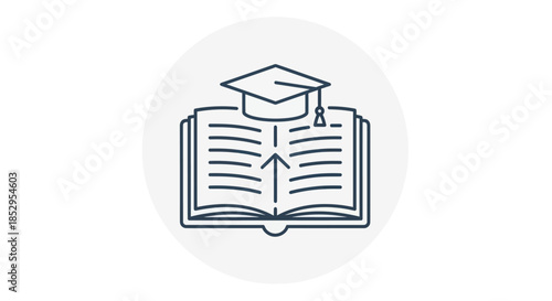 Open book with upward arrow and graduation cap symbolizing educational advancement.