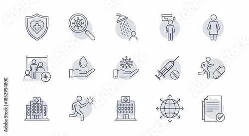 Collection of Coronavirus Prevention and Treatment Icons in Outline Style.
