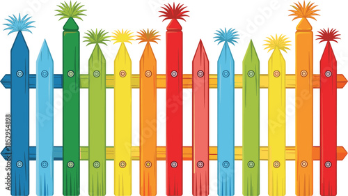 Colorful wooden fence with decorative bursts, vibrant symmetrical planks for playful outdoor, children’s space, and creative design themes.