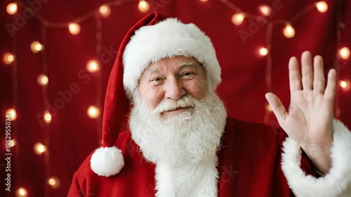 Greeting Santa Claus waving hello in a festive red backdrop