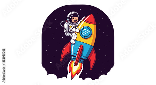 Cartoon astronaut riding a colorful rocket ship into space with a starry night background.