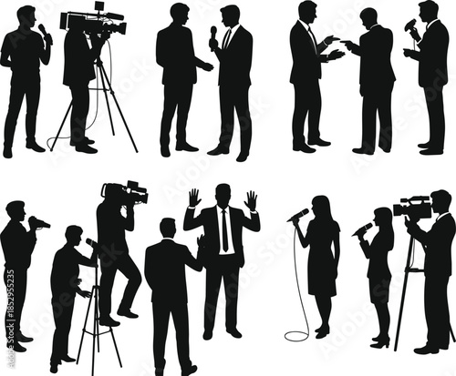 Journalism interview and television reporting silhouettes showing reporters cameramen and microphones during live news broadcast media production vector illustration