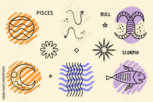 Zodiac symbols and astrological elements in a playful hand drawn illustration
