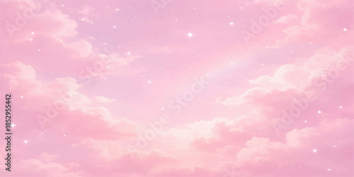 Beautiful pink sky background featuring soft white clouds and hearts in a bright summer cloudscape atmosphere with abstract sunlight and heaven beauty