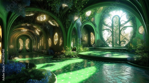 Lush green elven hall with glowing light and organic architecture.