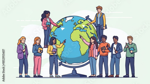 Diverse group of people learning about the world standing around a large globe concept for education and global connection flat vector illustration