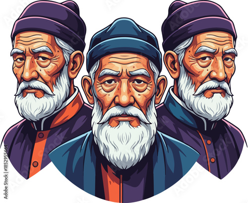 Three Wise Elderly Men Vector Portrait Illustration