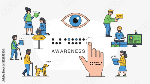 Visual representation of disability awareness including braille guide dogs and assistive technology for visually impaired people concept for inclusion and accessibility