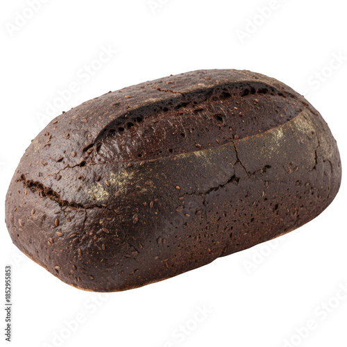 Hearty dark pumpernickel rye bread loaf from bakery. healthy, wholesome, whole grain food with rustic crust