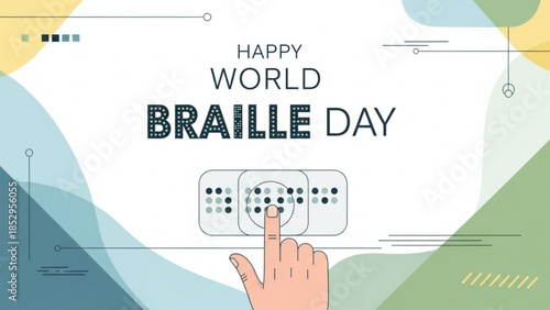 Happy World Braille Day illustration featuring a finger touching braille dots symbolizing accessibility and literacy for the visually impaired perfect for awareness campaigns