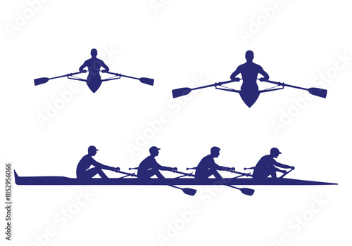 Blue silhouettes of rowers in single sculls and a team boat on a white background