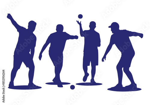 Four blue silhouettes of men actively playing an outdoor ball game like bocce or pétanque