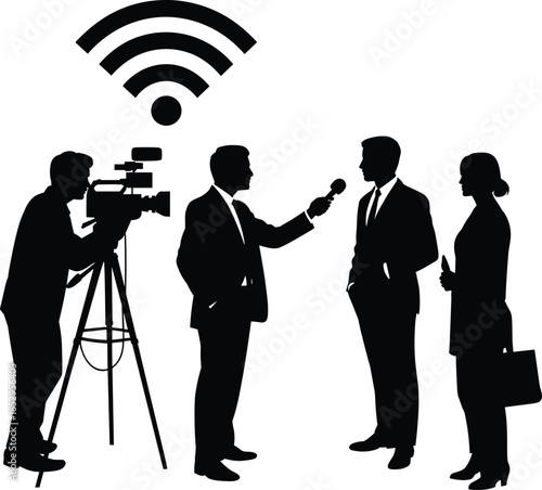 Journalist interviewing business people on camera with microphone and tripod for live broadcast media production silhouette vector illustration design set