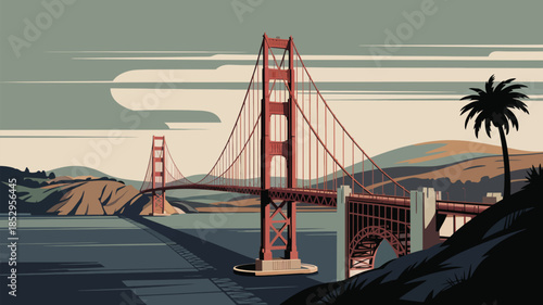 Vintage travel poster style vector graphic featuring a famous San Francisco bridge, scenic bay waters and city hills, nostalgic retro  illustration