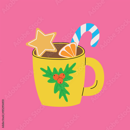 A cup of Christmas hot chocolate with cookies, orange, and a candy cane. A Christmas winter cup with a hot drink in a flat style. Vector illustration.