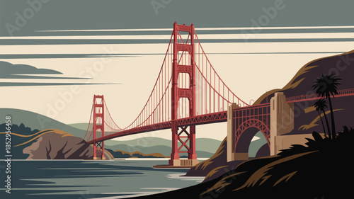 Vintage travel poster style vector graphic of a famous San Francisco bridge scene, bay and rolling hills backdrop