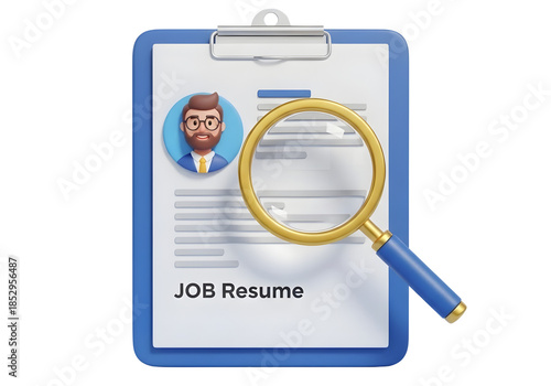A magnifying glass reviewing a job resume on a clipboard isolated on transparent background