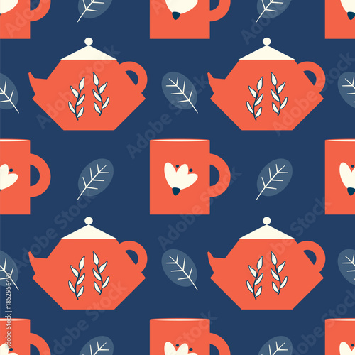 Cute hand drawn seamless vector pattern illustration with red teapot, leaves and mug on blue background