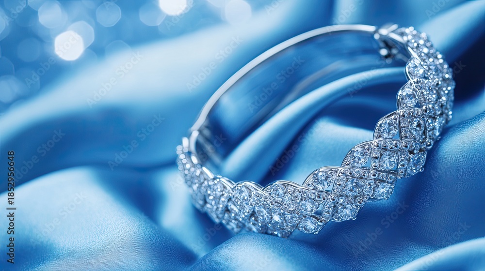 Fototapeta premium Sparkling Diamond Bracelet on Luxurious Blue Silk, Elegant Jewelry, Glamourous Accessory.