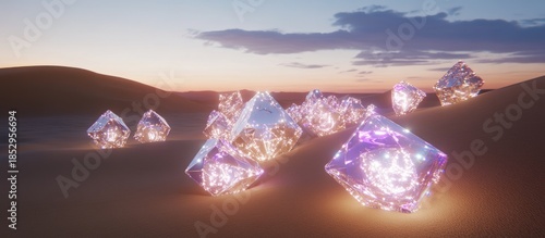 Sparkling Diamond Clusters in Desert Landscape at Sunset, Surreal and Dreamlike
