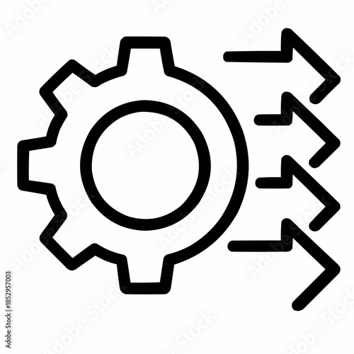 Line icon of a gear with layered arrows — evolving systems, black on white, square minimalist style
