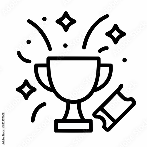Line icon of a trophy with confetti burst — celebration, black on white, square minimalist style
