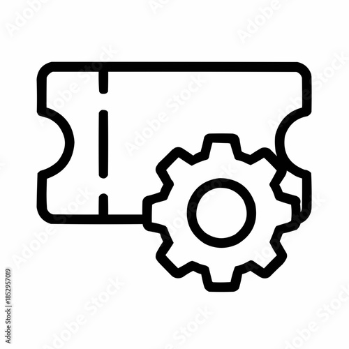 Line icon of a ticket with gear — contest settings, black on white, square minimalist style