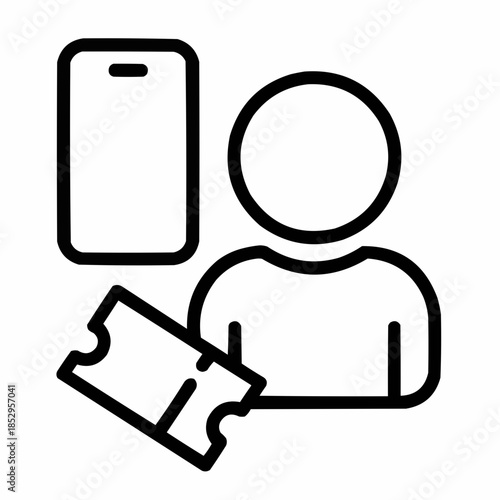 Line icon of a person with phone and ticket — digital entry, black on white, square minimalist style