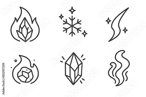 Frozen Fire Icons. Line style icons of Frozen Fire: icy flame, glowing frost, curved spark, frozen ember, radiant crystal, soft
