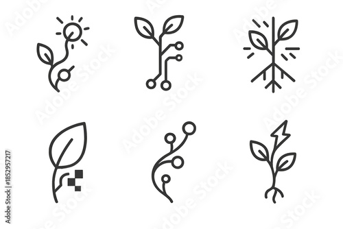 Synthetic Nature Icons. Line style icons of Synthetic Roots: glowing vine, circuit stem, radiant root, pixel leaf, curved data