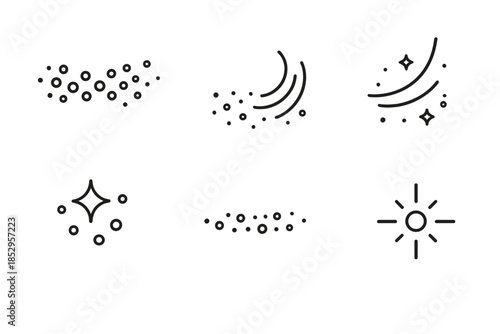 Luminous Particle Icons. Line style icons of Binary Particles: luminous pixel drift, curved dust wave, glowing trace, soft spark,