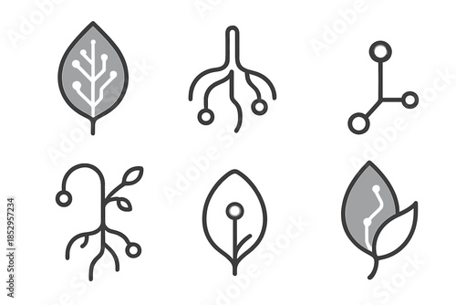 Organic Circuit Icons. Line style icons of Organic Circuits: glowing leaf vein, curved wire root, radiant node, flowing data stem,